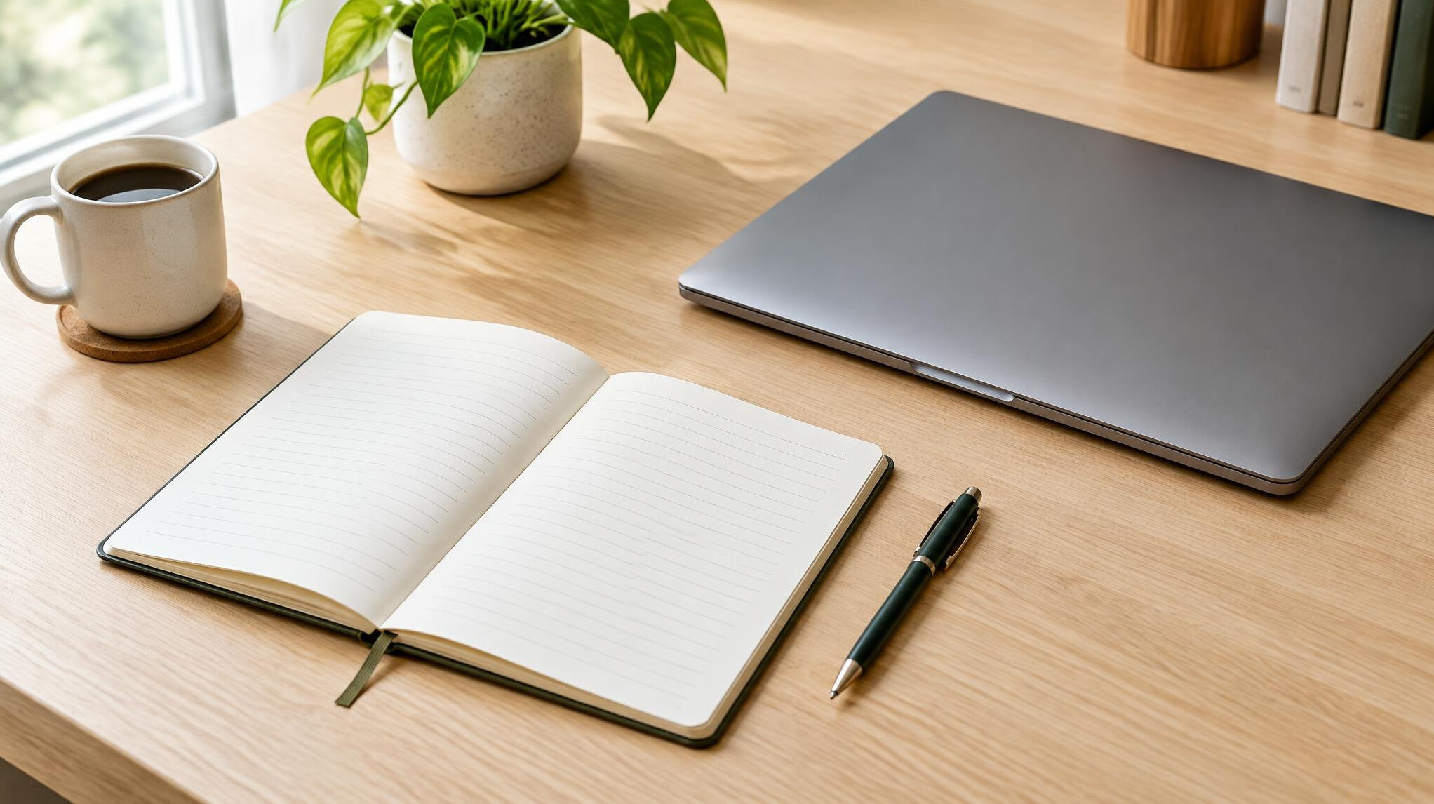 Notebook and pen on a desk with a laptop