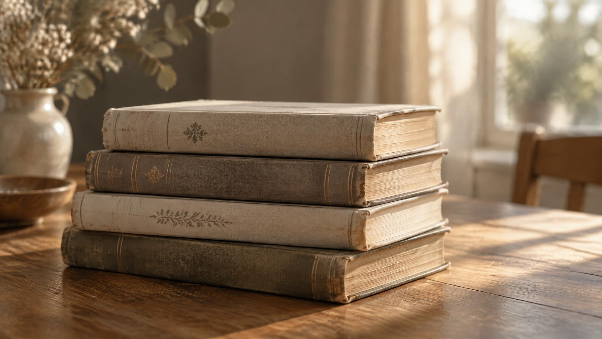 Stack of old books on a table in warm light
