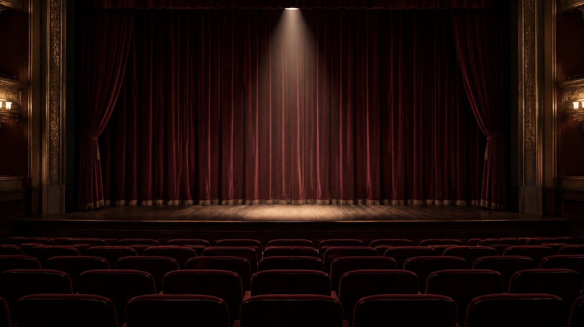 Empty theatre stage with heavy curtains and soft spotlight
