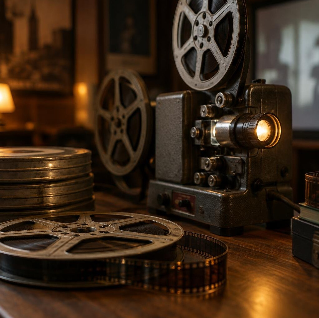 Vintage film reel and cinema equipment