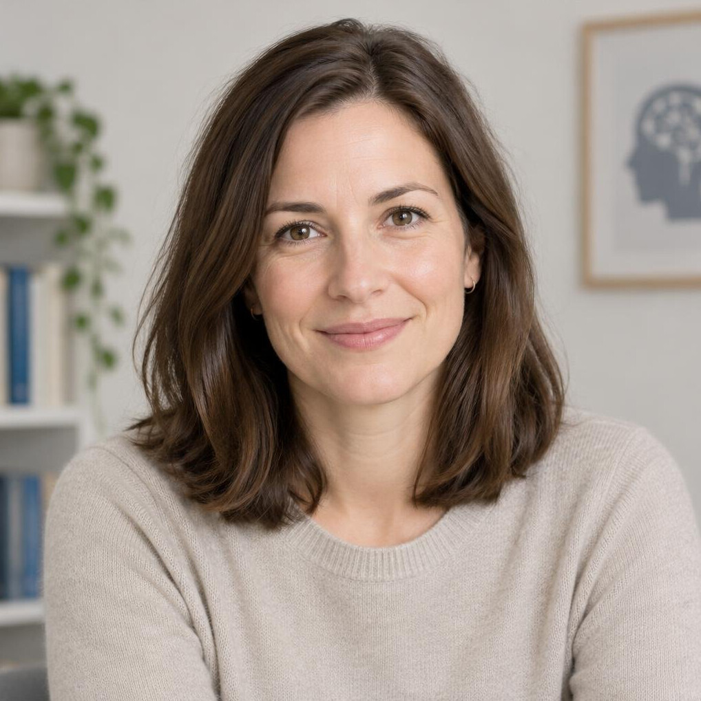 Portrait of a woman with brown hair in a neutral setting