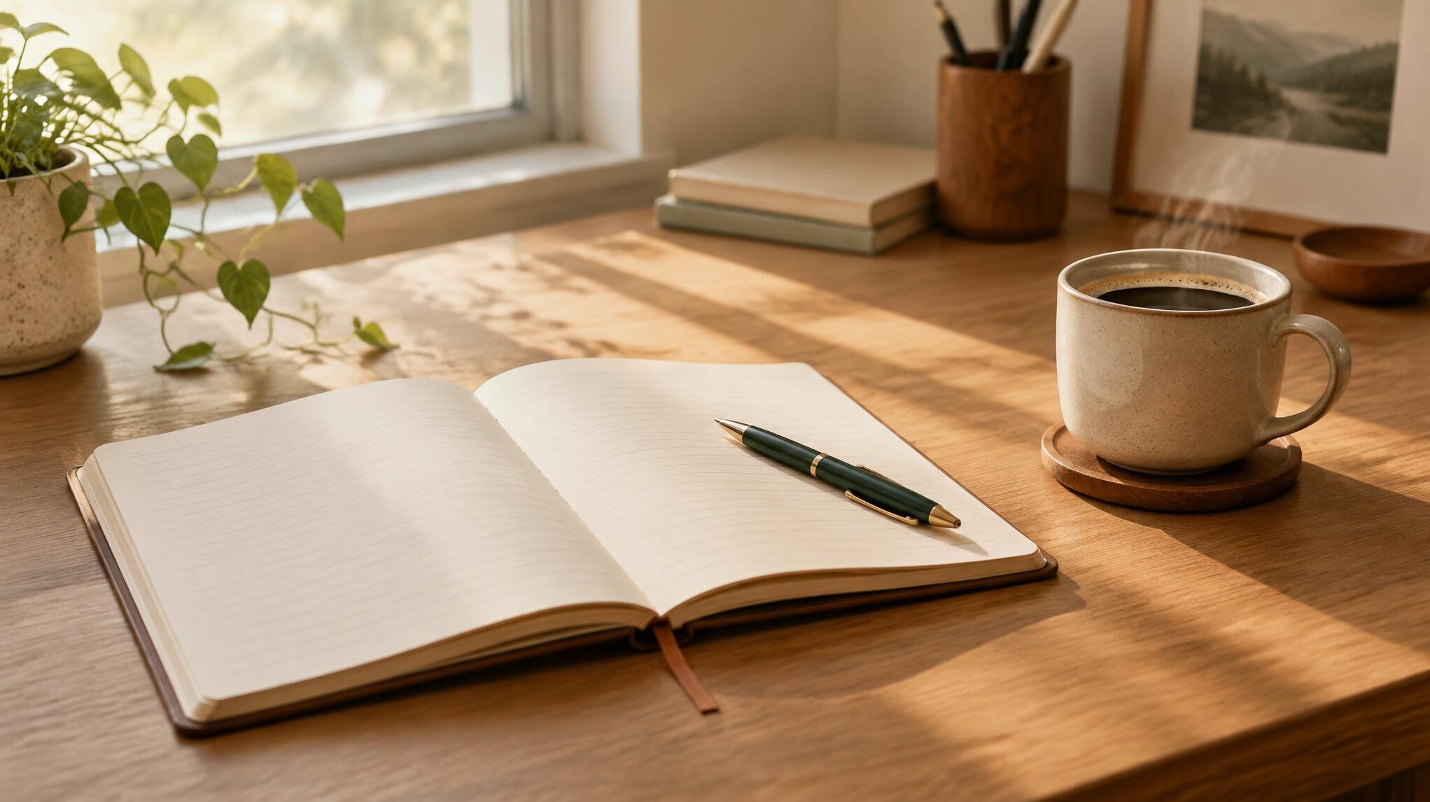 Notebook and laptop on a desk with morning light