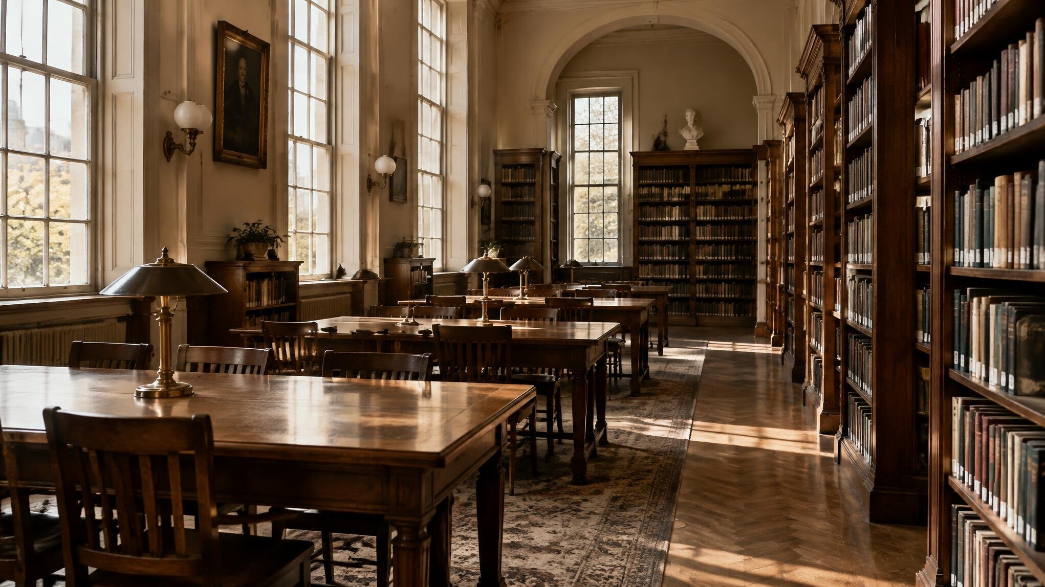Quiet library with tall wooden bookshelves and warm light