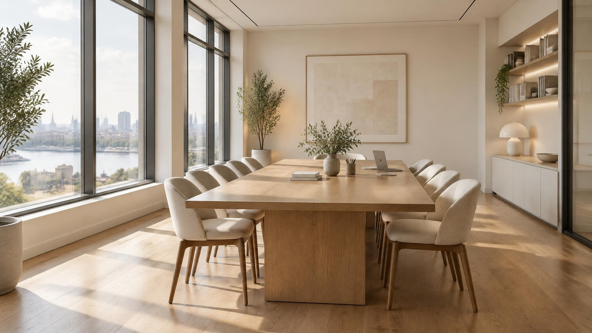 Modern office interior with large windows and wooden floor