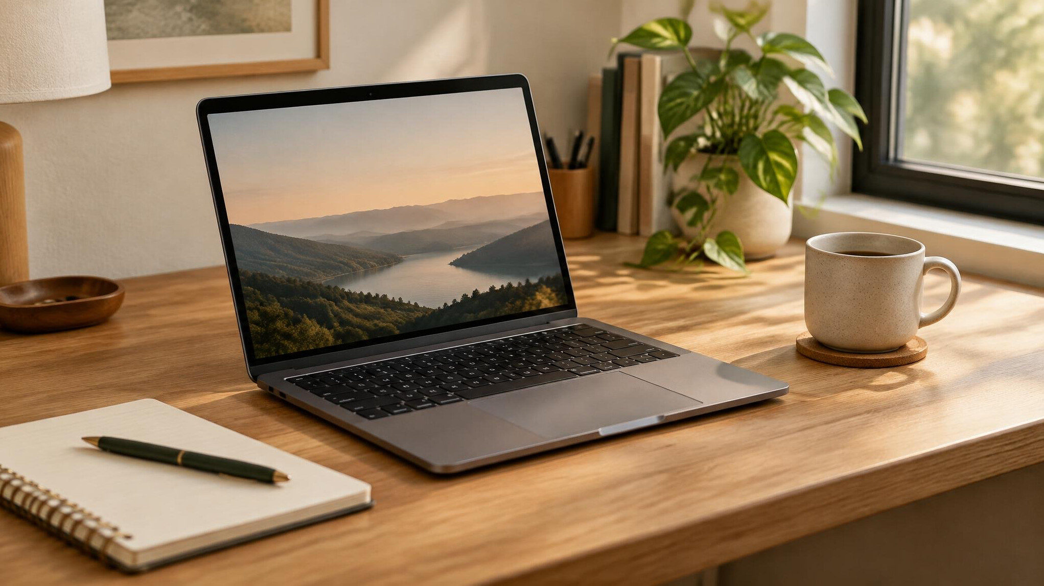 Laptop on a desk with soft window light