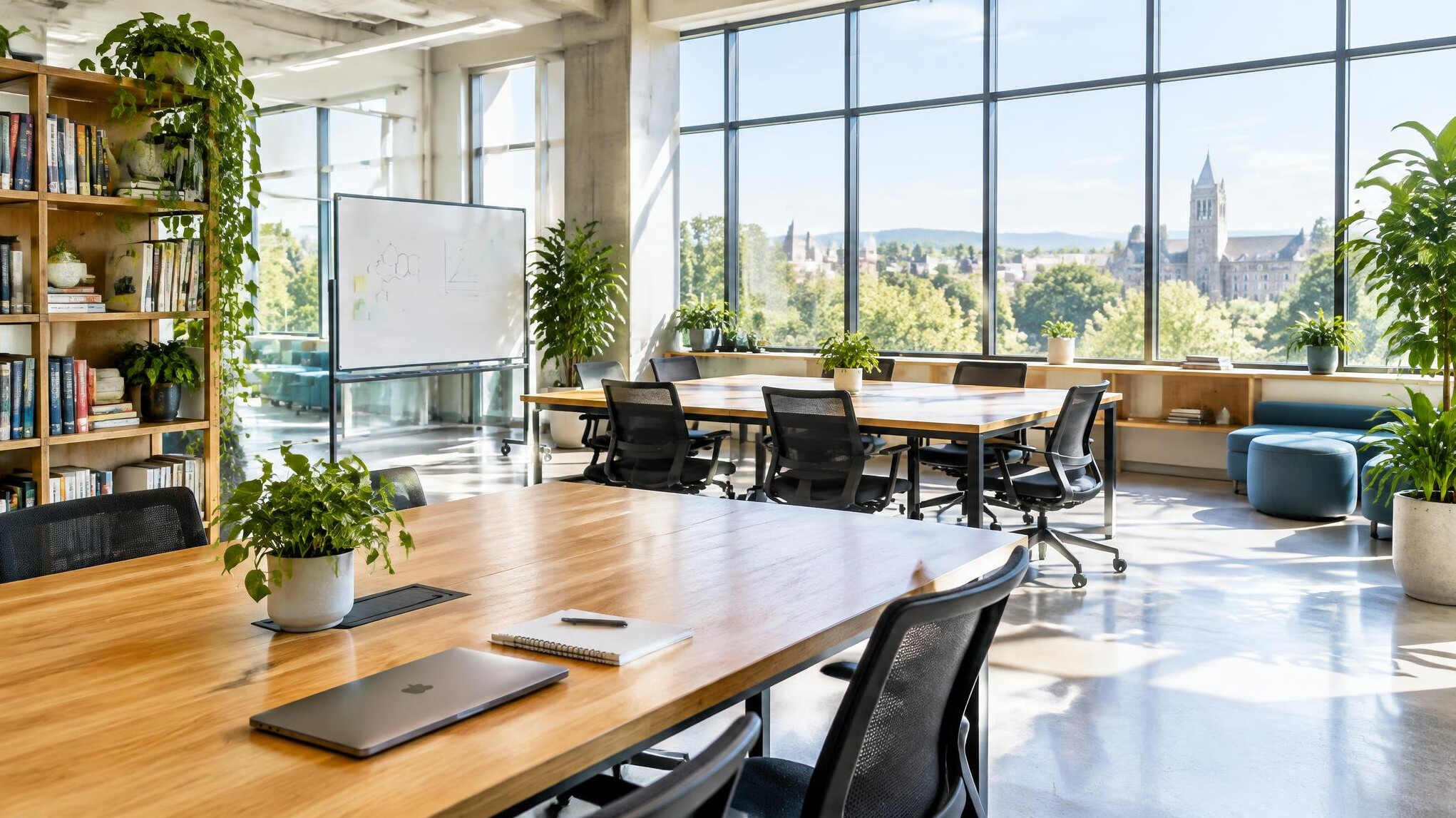 Bright collaborative workspace with desks and plants