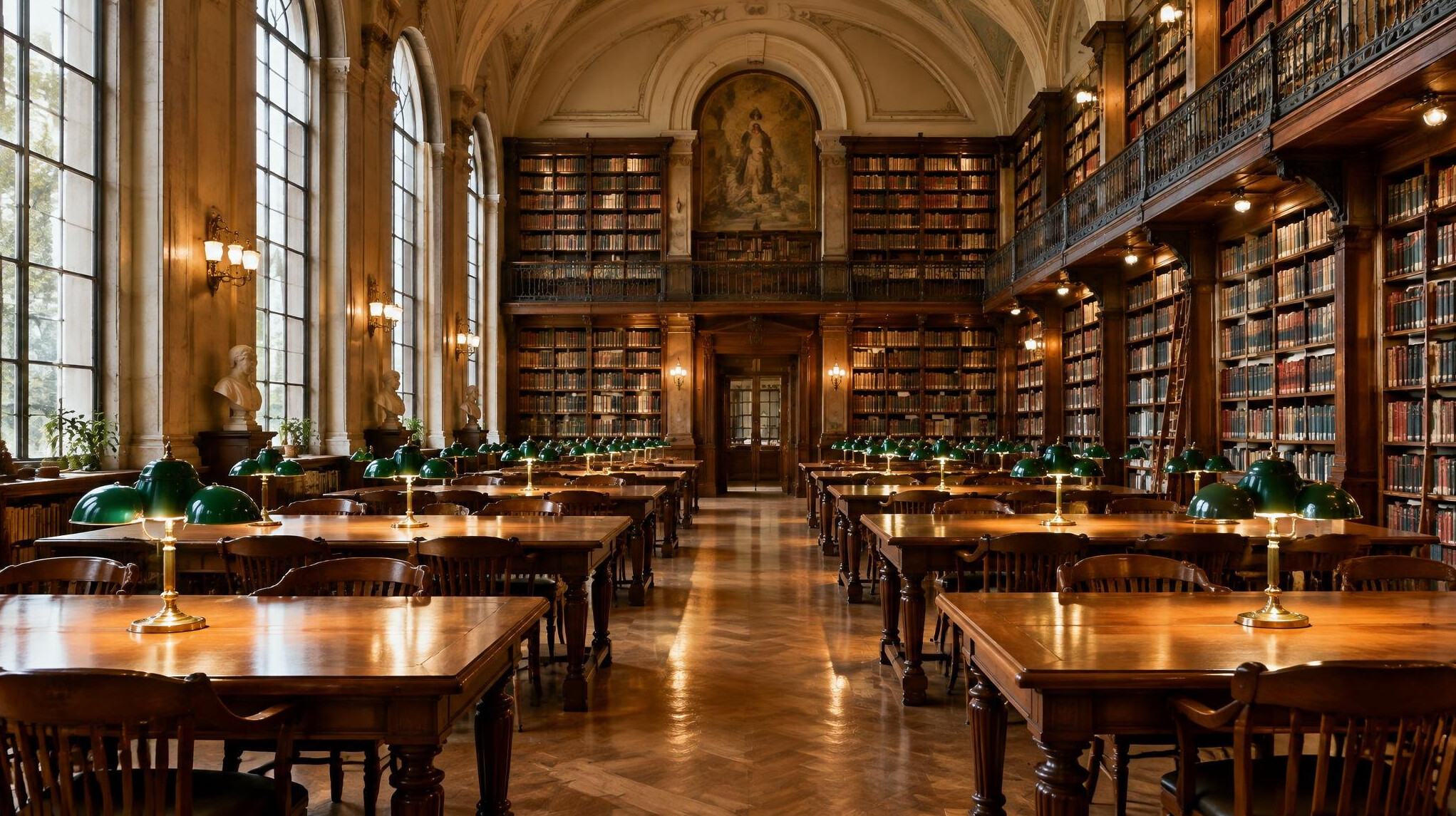 Old library reading room with warm lamps