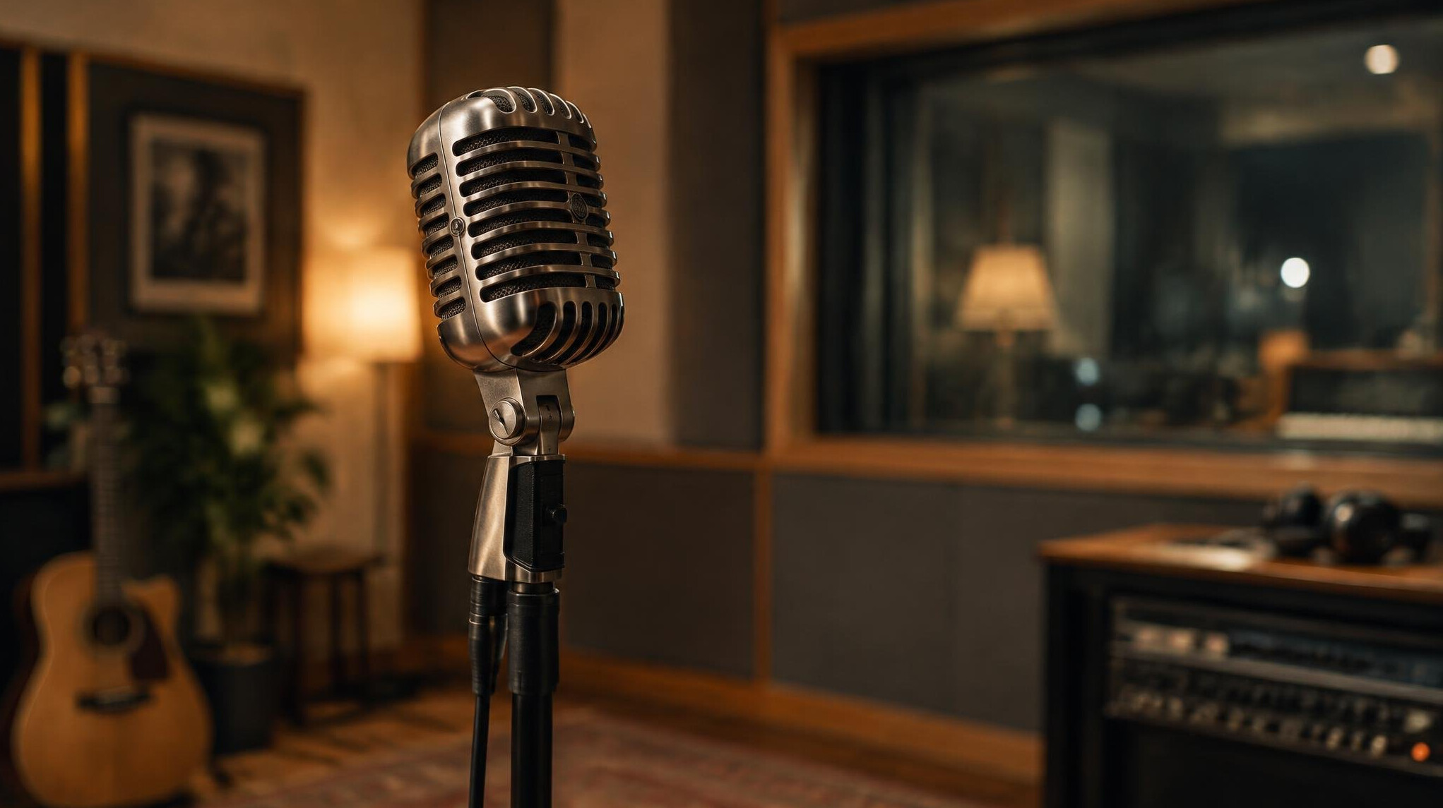 Studio microphone in a dimly lit recording room