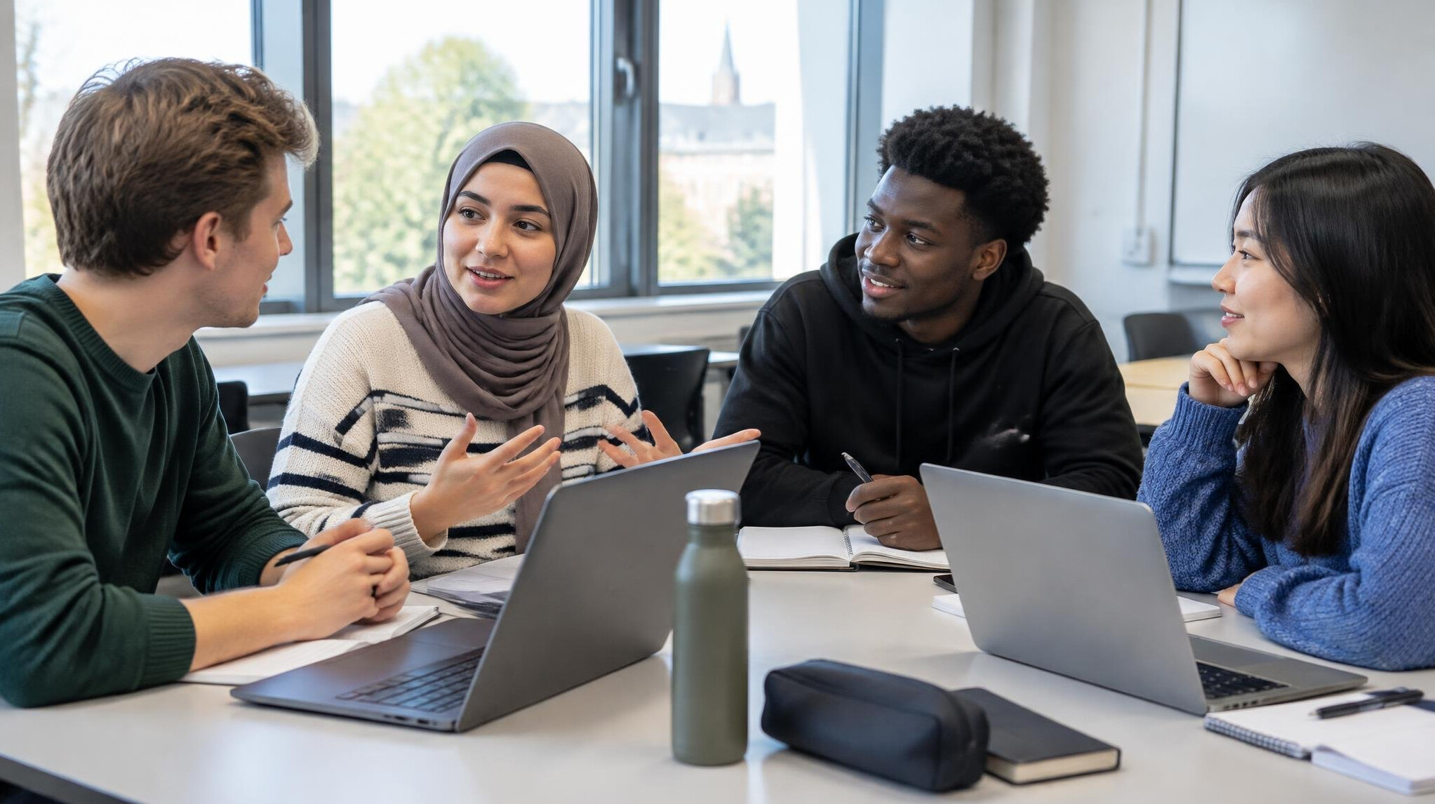 Group of students collaborating around a table with laptops